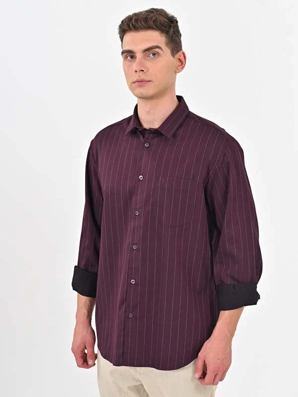 Indian Terrain Men's Regular Fit Full Sleeve Striped Maroon Shirt